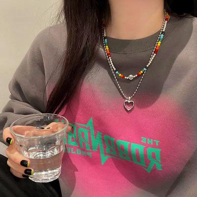 Rainbow Crystal Beaded Smiley Love Necklace - Cute, Casual Stacking Suit for Women