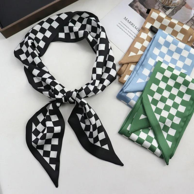 

Spring/Summer Chessboard Print Ribbon Shirt Paired Scarf For Women Classic Thin Neckerchief Decorative Imitation Silk Headband зелений