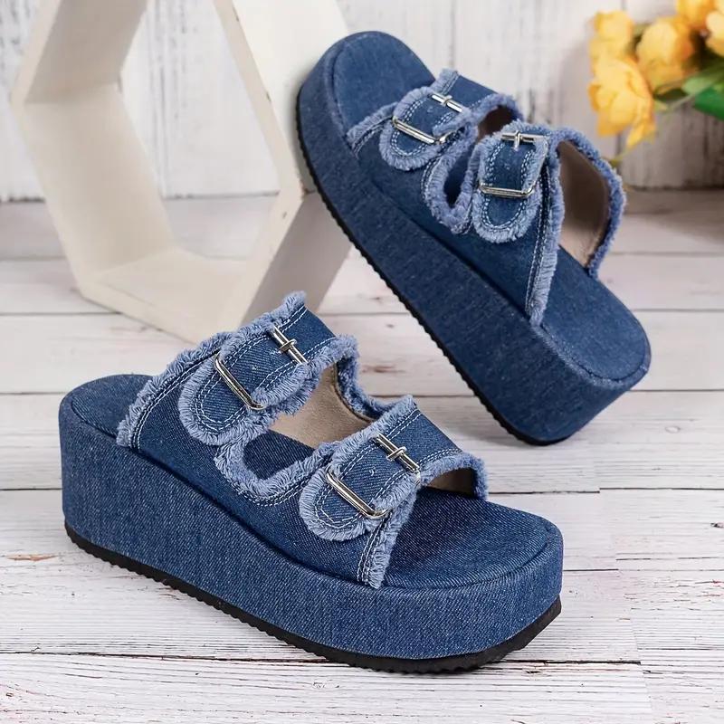 Women's Denim Camouflage Wedge Sandals, Buckle Design Open Toe Summer Shoes, Casual Outdoor Vacation Beach Slide Sandals