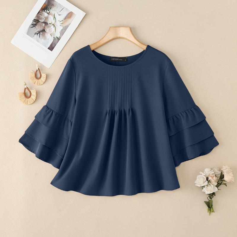 ZANZEA Damska Koreańska Codzienna Okrągły Dekolt Rękaw 3/4 Dzwonowy Plisowana Bluzka Lotos