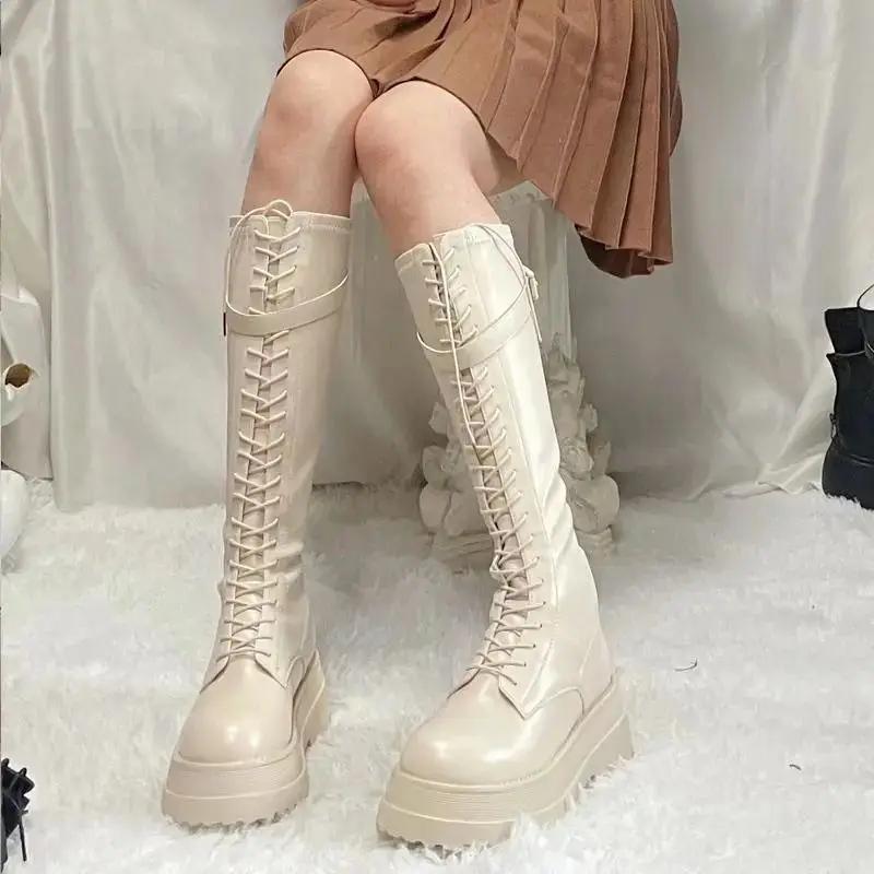 Fashion Lace-up Winter 2025 Knee High Shaft Shoes Woman With Laces Platform Long Boots for Women Waterproof Demi-season Work Spring New