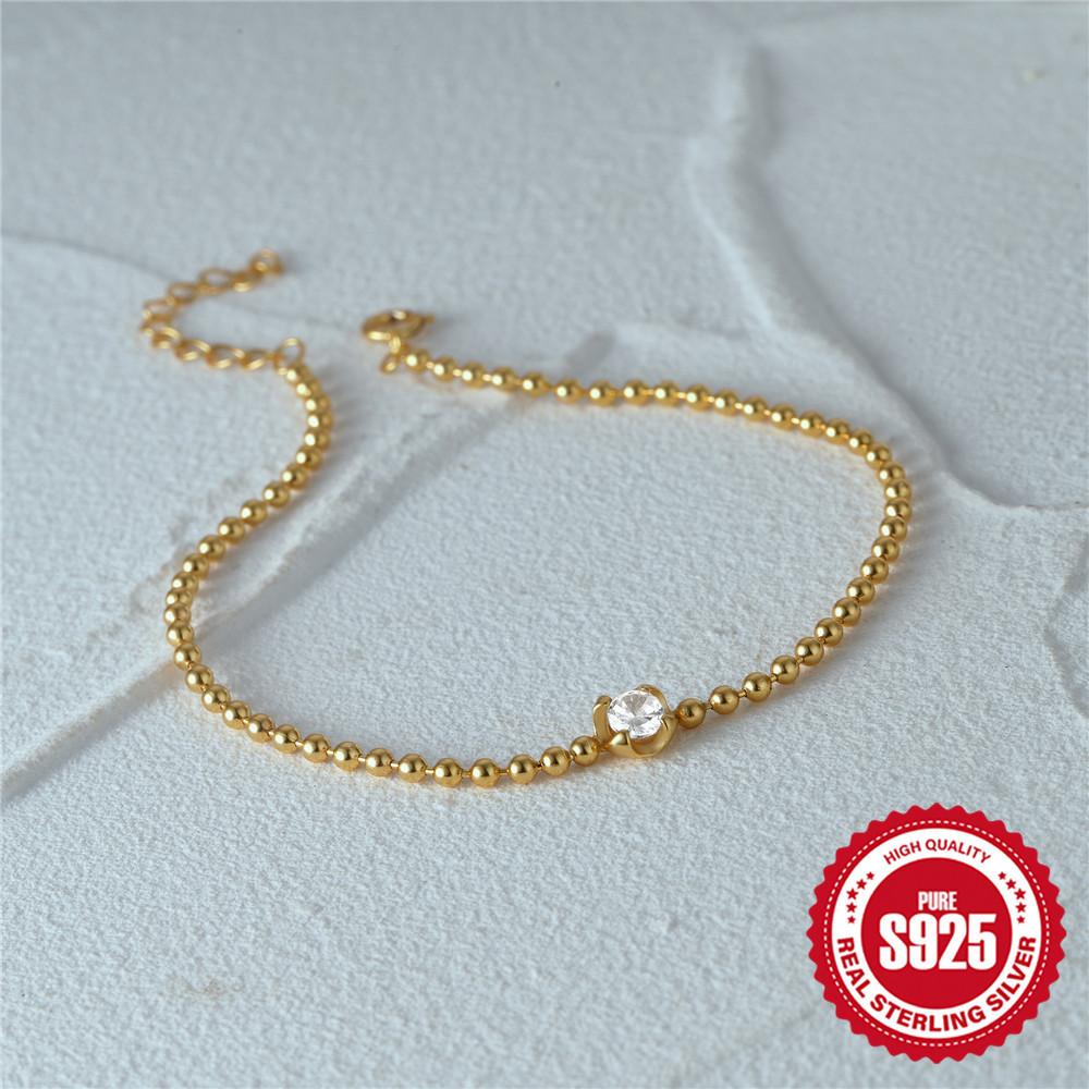 Bracelet tendance en argent sterling S925 avec chaîne à perles rondes incrustées de diamants, style haut de gamme pour femme