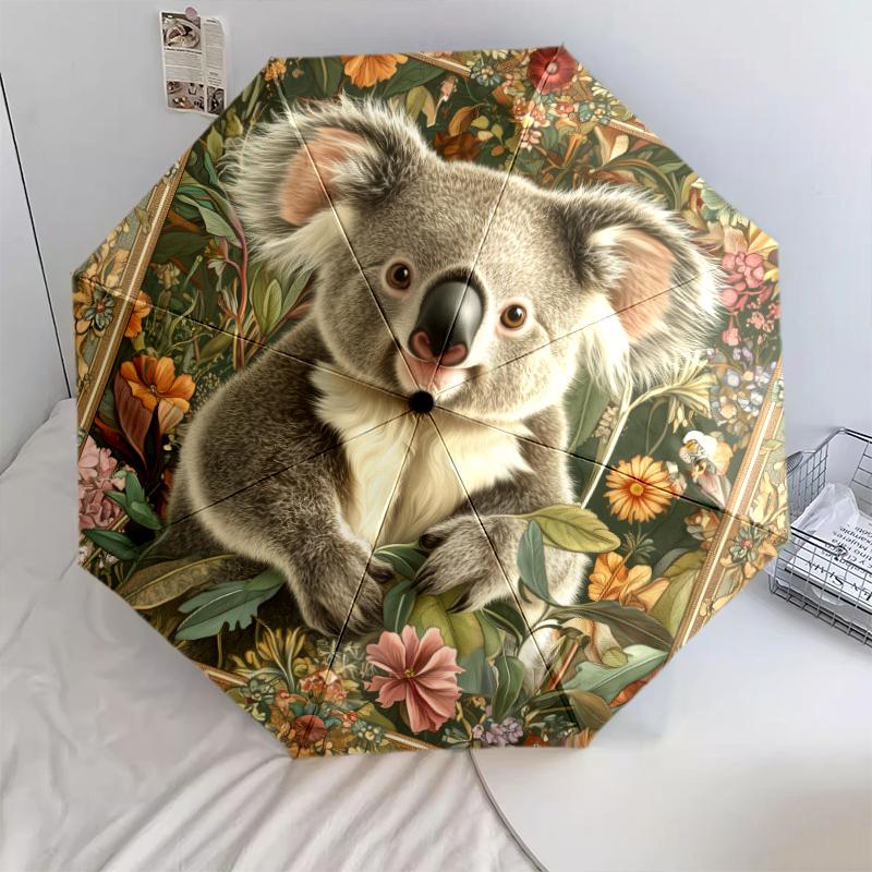 Fantasia koala e fiori, ombrello pieghevole automatico, design portatile e pieghevole, 8 stecche, un regalo di Natale o di compleanno.