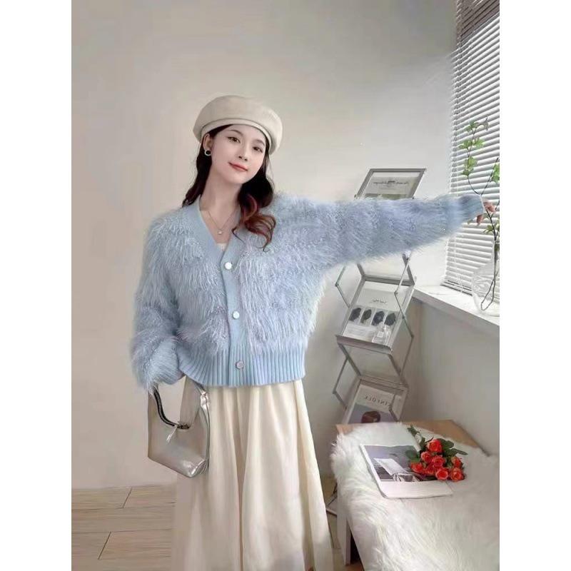 Women's Autumn/Winter Faux Mink Velvet Knit Cardigan - Soft, Glossy, and Cozy Sweater Jacket