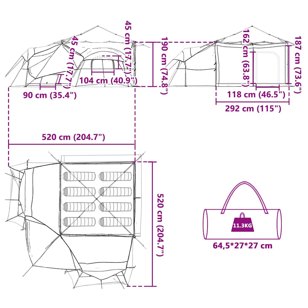 Inner Tent with Roof Grey and Orange 520 x 520 x 190 cm Taffeta