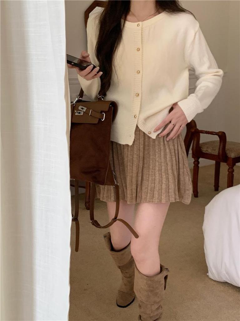 2024 Stylish Red Gold-Buckled Christmas Sweater Jacket for Women