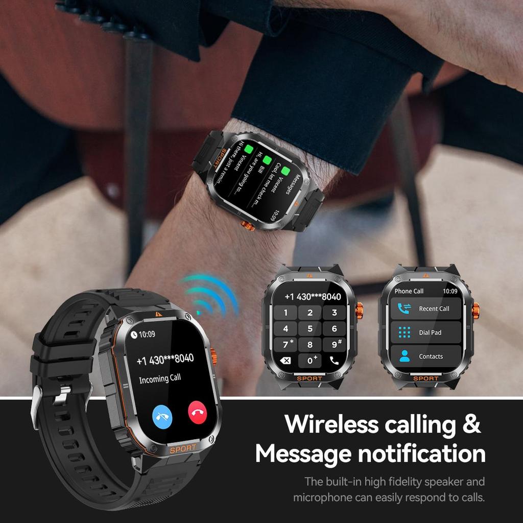 QTLLBT Ceas inteligent militar cu apel Bluetooth, rezistent la apă IP67, monitor de ritm cardiac și tensiune arterială, monitor de fitness și pedometru bărbați femei