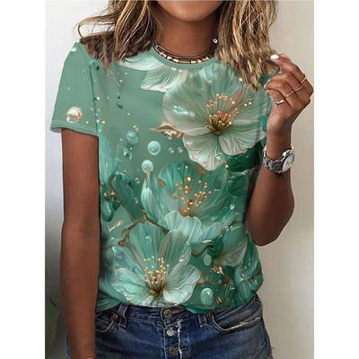 Flower Print Crew Neck T-Shirt, Casual Short Sleeve Top For Spring & Summer, Women's Clothing