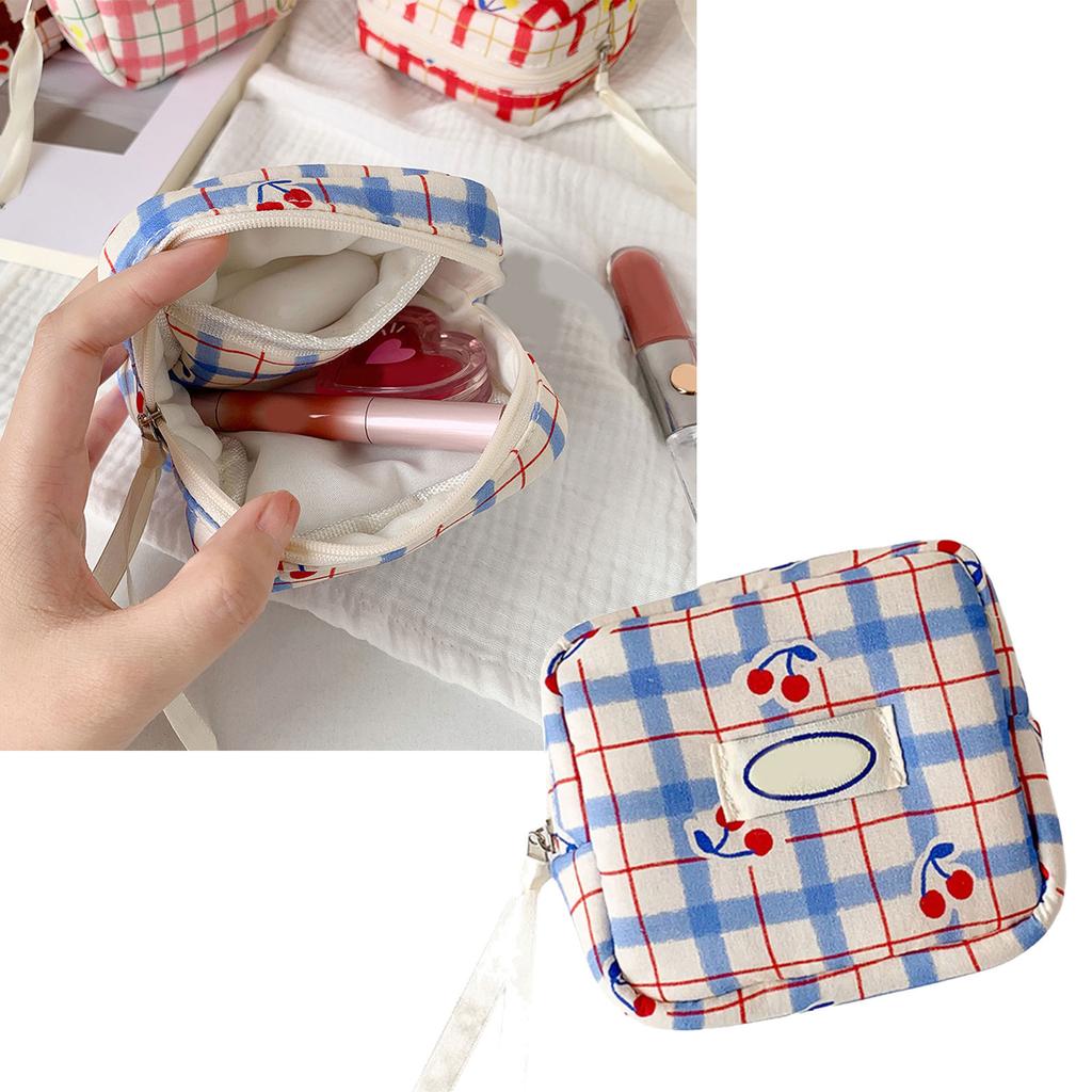 Cute Checkered Cosmetic Bag With Fruit Pattern Compact Size Interior Dividers Portable Makeup Organizer for Women