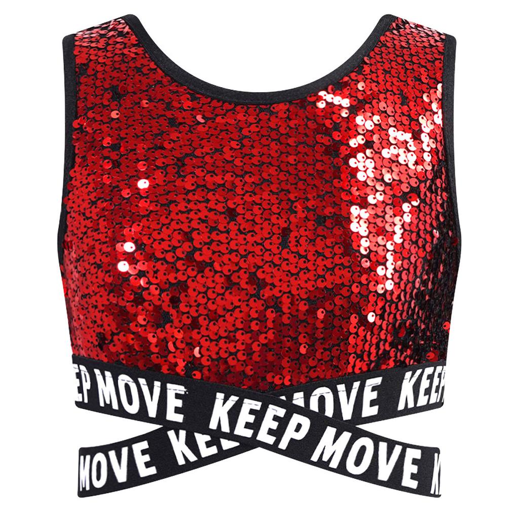 Mädchen Glitzernde Pailletten Crop Top Ärmellos Rundhalsausschnitt Überkreuzte Taille Hip Hop Dance Performance Wear