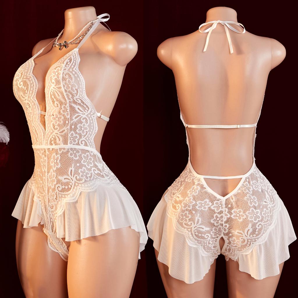 Sexy Crotchless Nightwear For Sex Women Lace Patchwork Transparent Pajamas Set Erotic Teddies Babydoll Bodysuit Deep V Halter