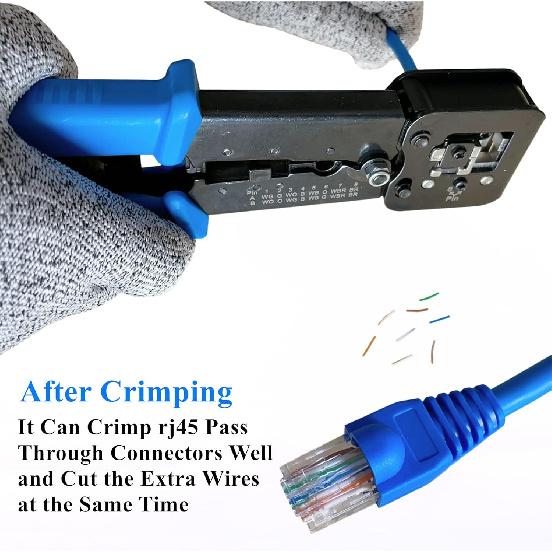 RJ45 Crimp Tool Kit Pass Through, Cat5 Cat5e Cat6 RJ45 Ethernet Crimping Tool with 20PCS Cat6 1.1mm Pass Through Connectors, 20PCS Covers, Cable