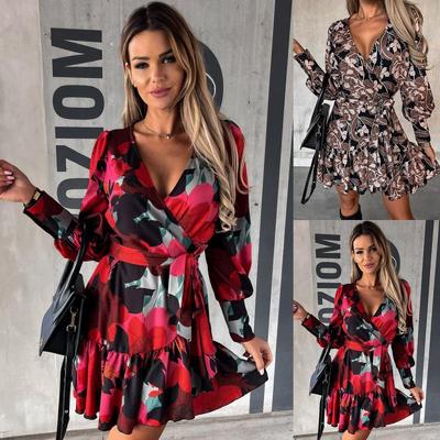 European & American Long Sleeve Printed Tie-Waist Shirt Dress