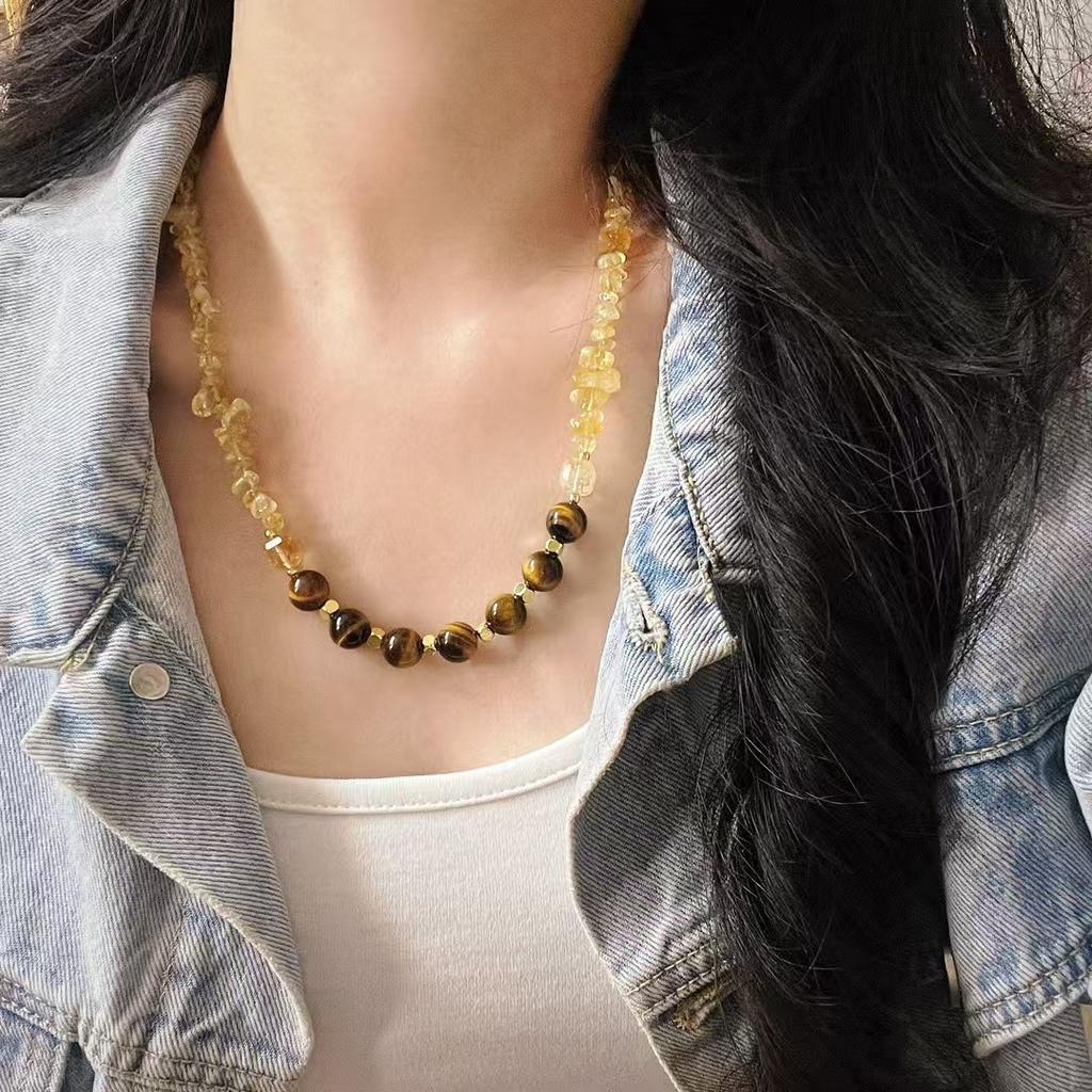High Matching Retro High Quality Maillard Natural Tiger'S Eye Stone Citrine Collarbone Chain Necklace