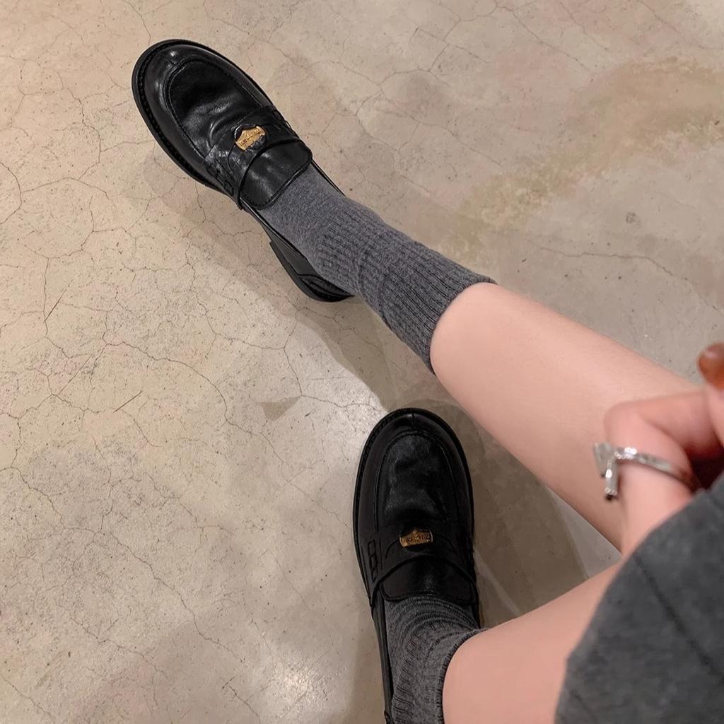 Horse leather version~ genuine leather gold coin loafers women's British style versatile retro showing feet small low heel jk small leather shoes si