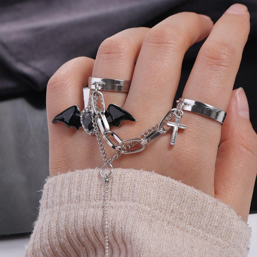 Korean Style Double Finger Ring with Chain Love Cross Rhinestone Finger Buckle  Women