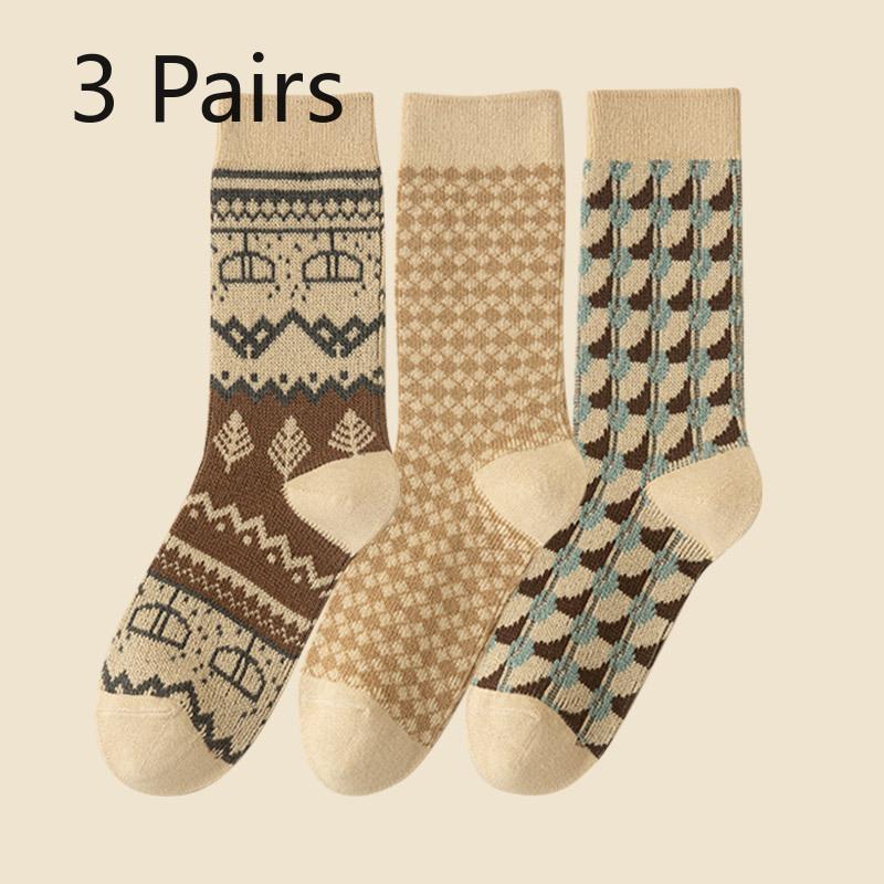 

3 пары женских носков средней длины с защитой от образования катышков в этническом ретро-стиле на осень и зиму 3 Pairs