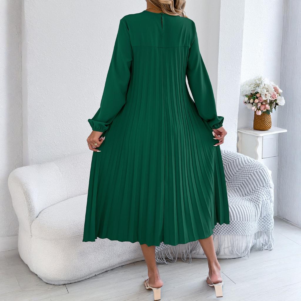Women's Casual Color Long,sleeved Pleated Dress With Pockets