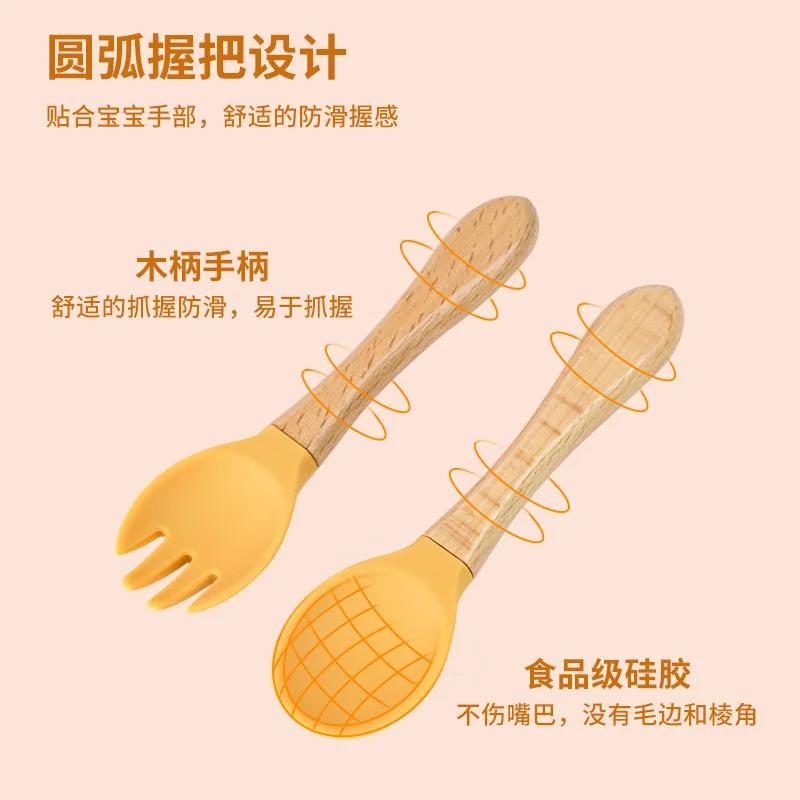 Spoons Baby Feeding Spoon Fork Wooden Handle Spoon Fork Set Soft Silicone Tip Spoon Fork BPA Free Food Grade Infant Toddlers