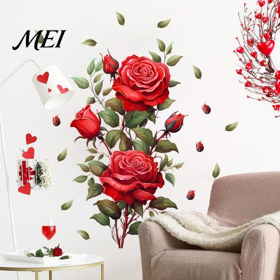 Easy Application Flower Wall Decor Red Rose Sticker, Watercolor Floral Peel and Stick Decal for Creative Soft Decoration Gifts Living Room Bedroom,