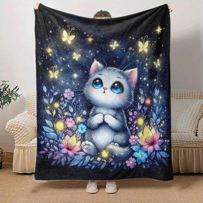 1pc Kitten Printing Lightweight Flannel Blanket, Comfortable and Warm Blanket, for Camping Sofa Bed and Couch Office, Gift