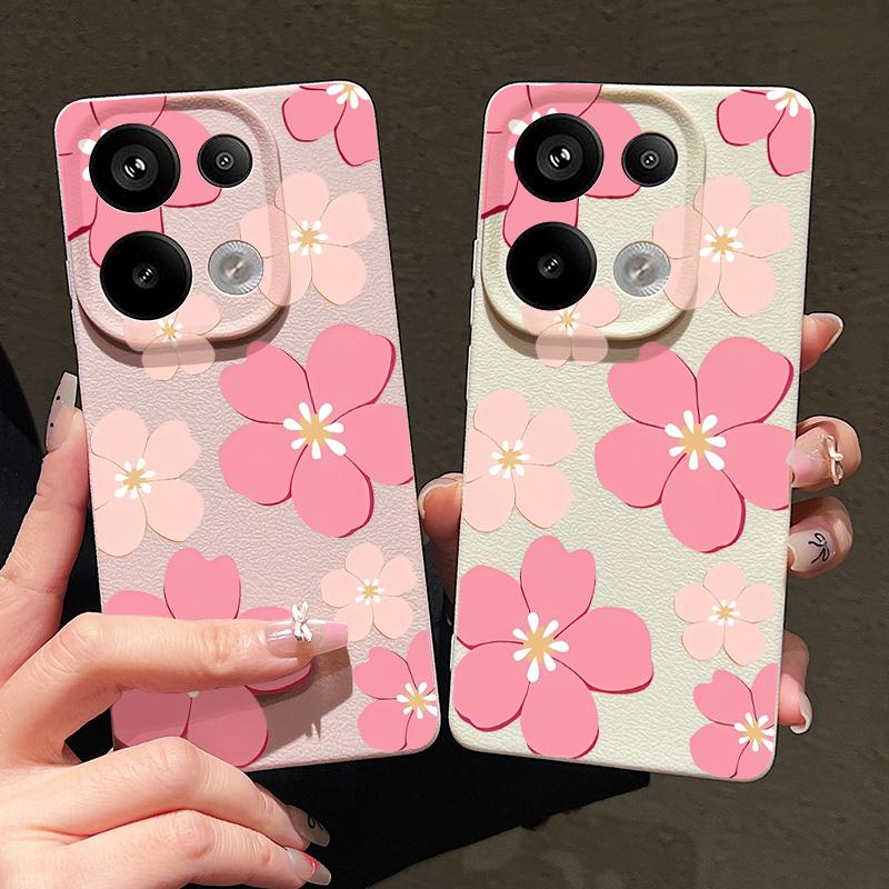 Fresh Style Cherry Blossom Pattern Case For Xiaomi 14T 13T 11T Pro Funda Redmi Note 14 13 Pro 5G 12 11 Leather Texture Silicone Cover