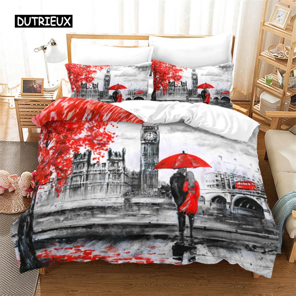 France Eiffel Tower Duvet Cover Romantic Couple Comforter Cover Microfiber France Paris Cityscape Bedding Set For Adults Decor
