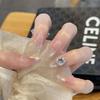Cute KT Skin-Brightening Cat Eye Handmade French Nails with Fragrant Style and Sparkle Bow