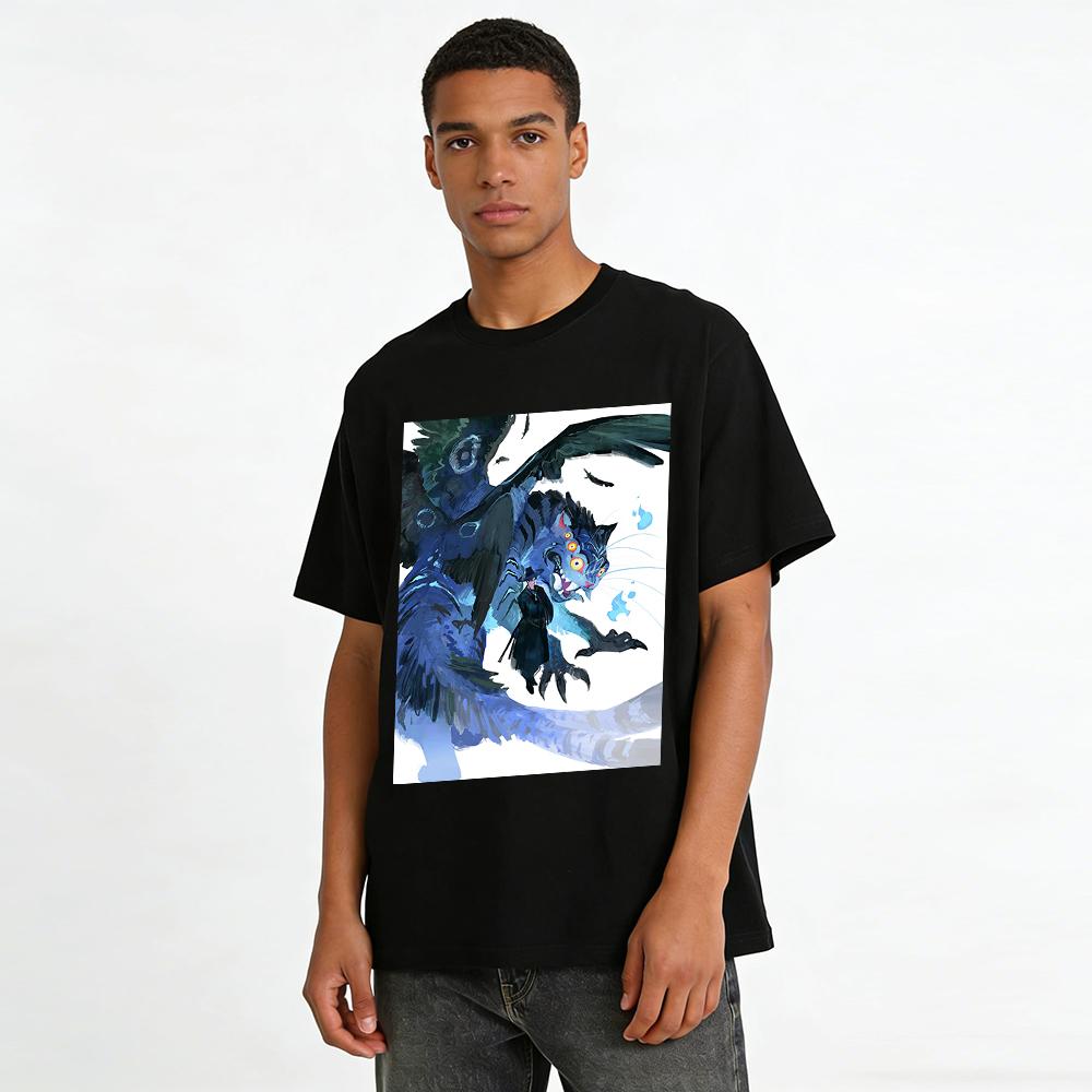 Vintage Dark Style Winged Tiger & Wizard Print Long Sleeve T-Shirt Cool Casual Loose Top Pure cotton T-shirt