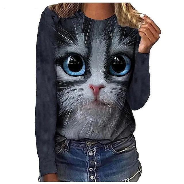Round Neck Cat Pattern 3D Printed Casual Long Sleeved Women's T-shirts - Soft Medium Stretch Polyester Fabric Spring and Autumn Relaxed Fit Clothing