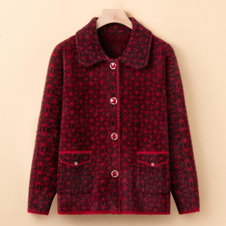 Middle-aged Mother Imitation Mink Wool Knitted Jacket Middle-aged and Elderly Women's Thickened Large-size Sweater Jacket Old Lady Clothes