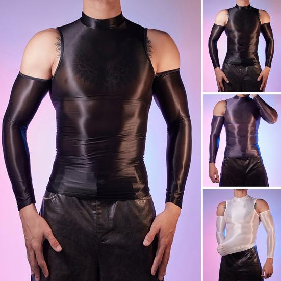 Sexy Men Glossy Shiny T-Shirt Smooth Breathable Top High Elastic Transparent See-Through Nightclub Skinny Tops