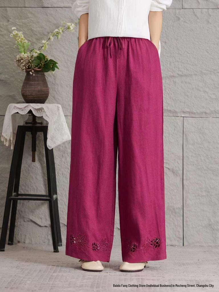 2026 Women's Summer Linen Wide-Leg Straight-Leg Slimming Casual Pants - Lightweight, Breathable, Large Size, Simple Fashion