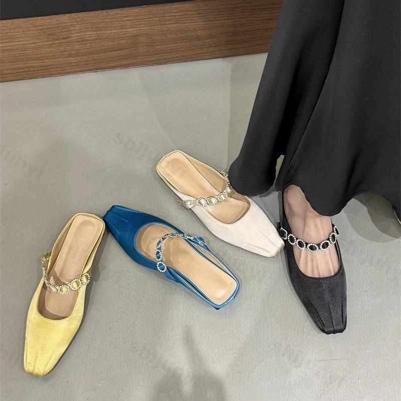 Women's Slippers 2026 New Summer Fashion Sandals Rhinestone Half Drag Thick Heel Mary Jane Shoes Elegant Low Heel Women's Shoes