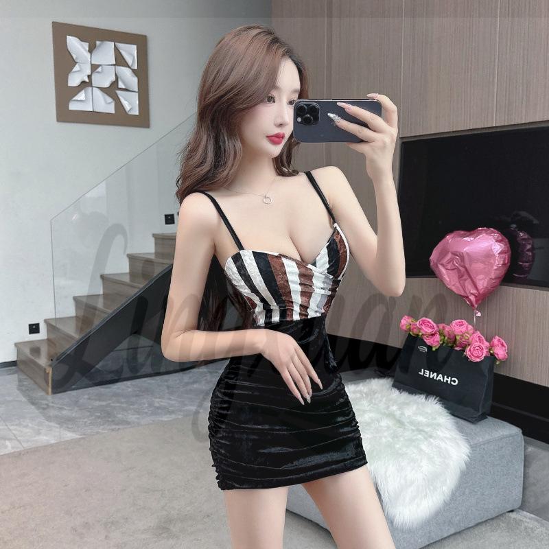 Striped Patchwork Velvet Bodycon Camisole Dress Extra Large