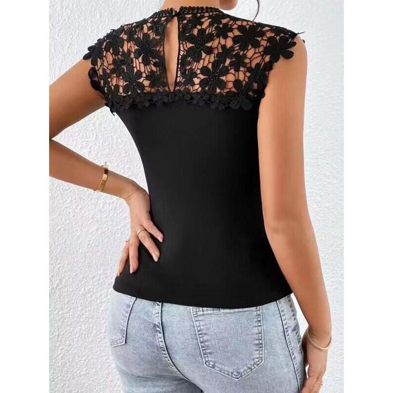 Women's Elegant Lace Patchwork Sleeveless T-shirt - Slim Fit, European & American Style Summer Top