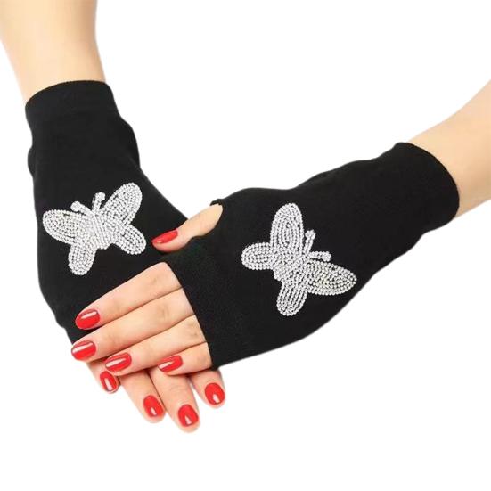 1 Pair Women Gloves Rhinestone Fingerless Half Finger Thumb Hole Black Stretchy Autumn Winter Adults Writing Gloves Stage Performance Supplies
