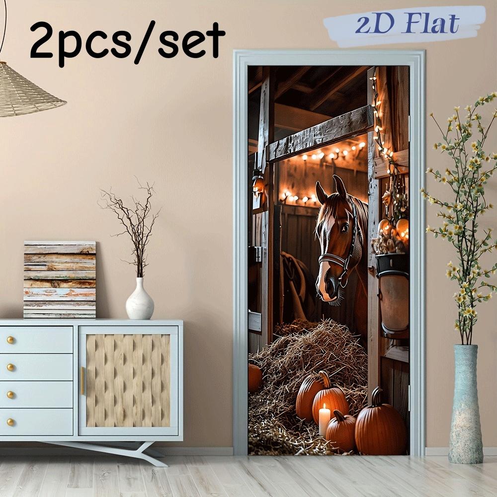 

2pcs Halloween Decoration Door Wall Stickers Stable Theme Pumpkin Straw Light Pattern Stickers Festival Party Showcase Glass Doo (as the picture,38.5x200cmx2)