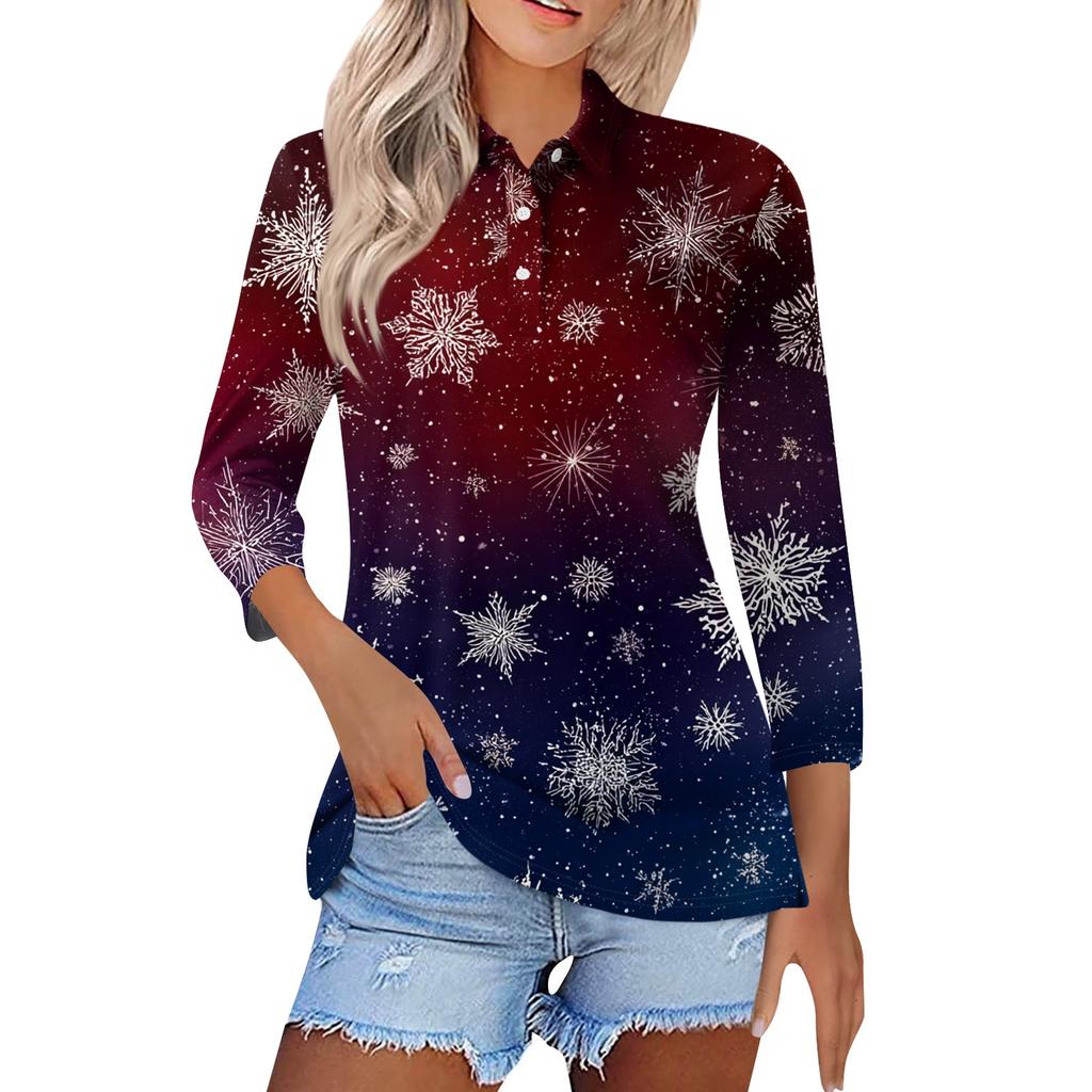 Women's Fashion Casual Lapel Short 3/4 Sleeve Christmas Print Shirt Women's Button Up Tops