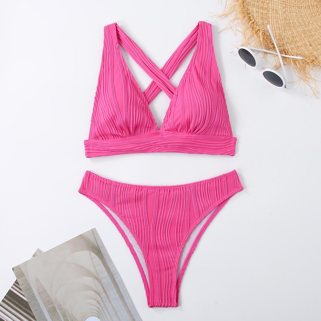 1011 European and American new swimsuit women's neck split bikini striped fabric multi-color triangular bikini