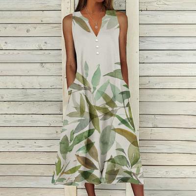 Women's Floral Print Midi Dress Summer Short Sleeve Lapel Tank Dress Casual Knee Length Swing Sundress