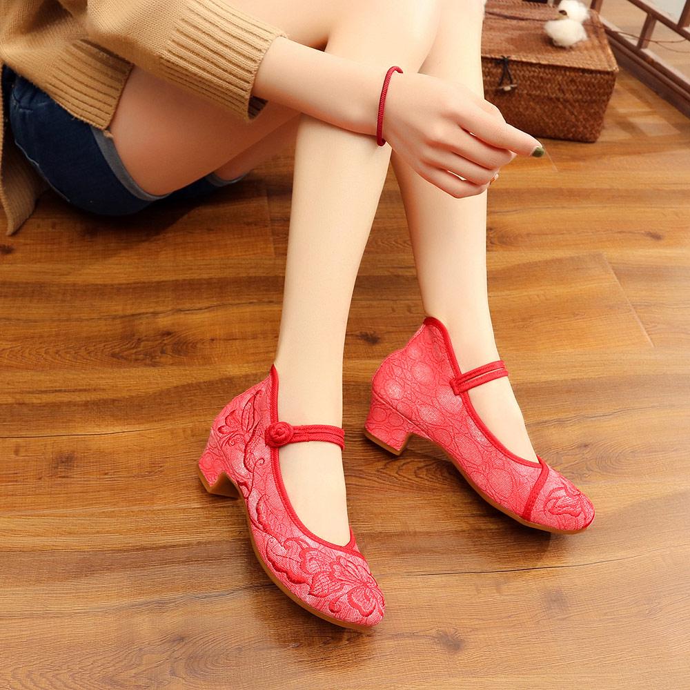 Flower Embroidered Women Low Block Heel Canvas Pumps Ankle Strap Elegant Ladies Comfort Chinese Cheongsam Cotton Shoes Mujer