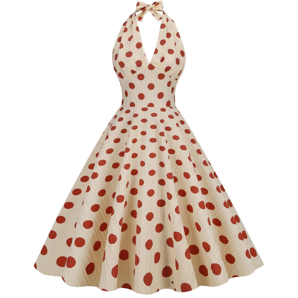 Retro Hepburn Polka Dot Halter Midi Dress - Black, High-Waisted, Backless, Sexy Wide-Hem