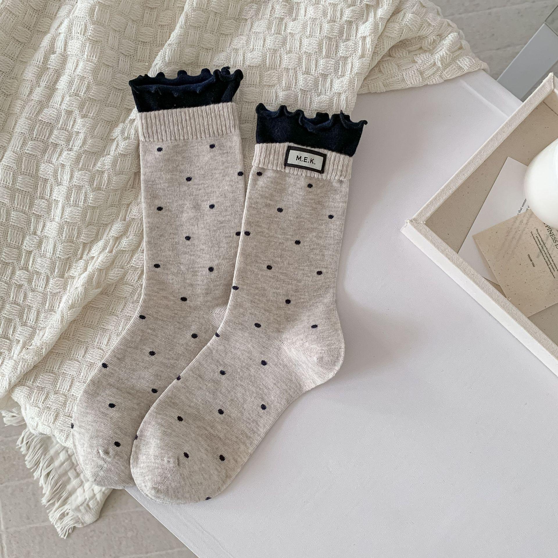 

Women s Gray Polka Dot Mid-Calf Lace Cotton Socks - Casual & Versatile Design One Size