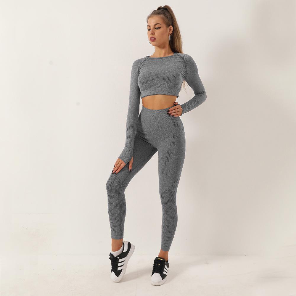 Damen High-Waist Nahtloses Polka Dot Yoga- und Laufset - Zweiteilig Langarm und Hose