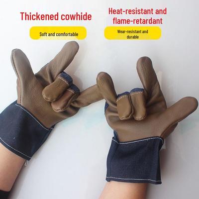 Short Cowhide High-Temperature Resistant Welding Gloves - Thick, Wear-Resistant, Anti-Scald, Heat-Insulated Denim for Labor Protection