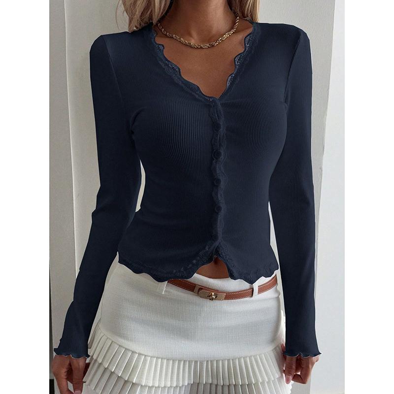 Fashion Women Cozy Lace Long Sleeve V Neck Cardigan Crewneck Cardigan Knit Button Sweater Shirt