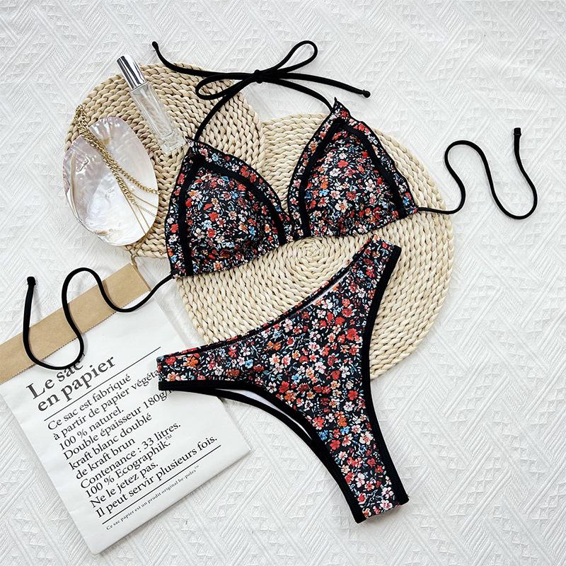 

Цветочный купальник-триангл халтер на завязках – Сексуальный европейский и американский стиль Large чёрный