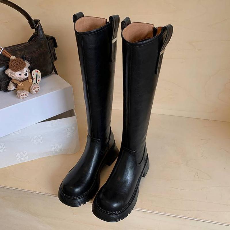 Autumn and winter women's leather boots leather large size knight boots thick-soled rear zipper high boots new middle heel round head women's boots