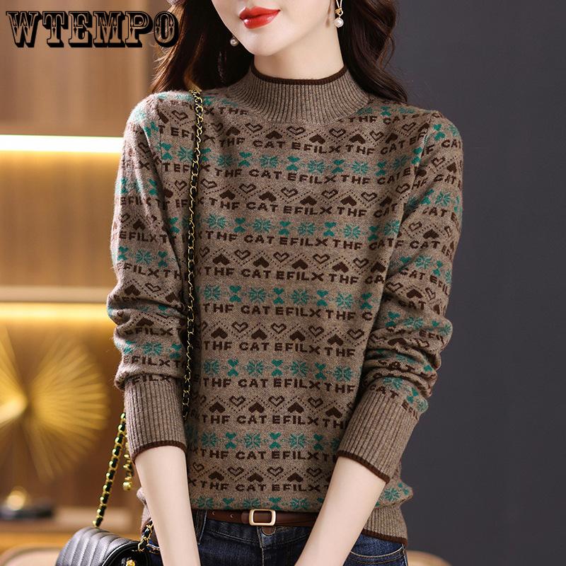 Women's Sweater Autumn and Winter Jacquard Casual Pullover Long-sleeved Loose Half Turtleneck Knitted Sweater